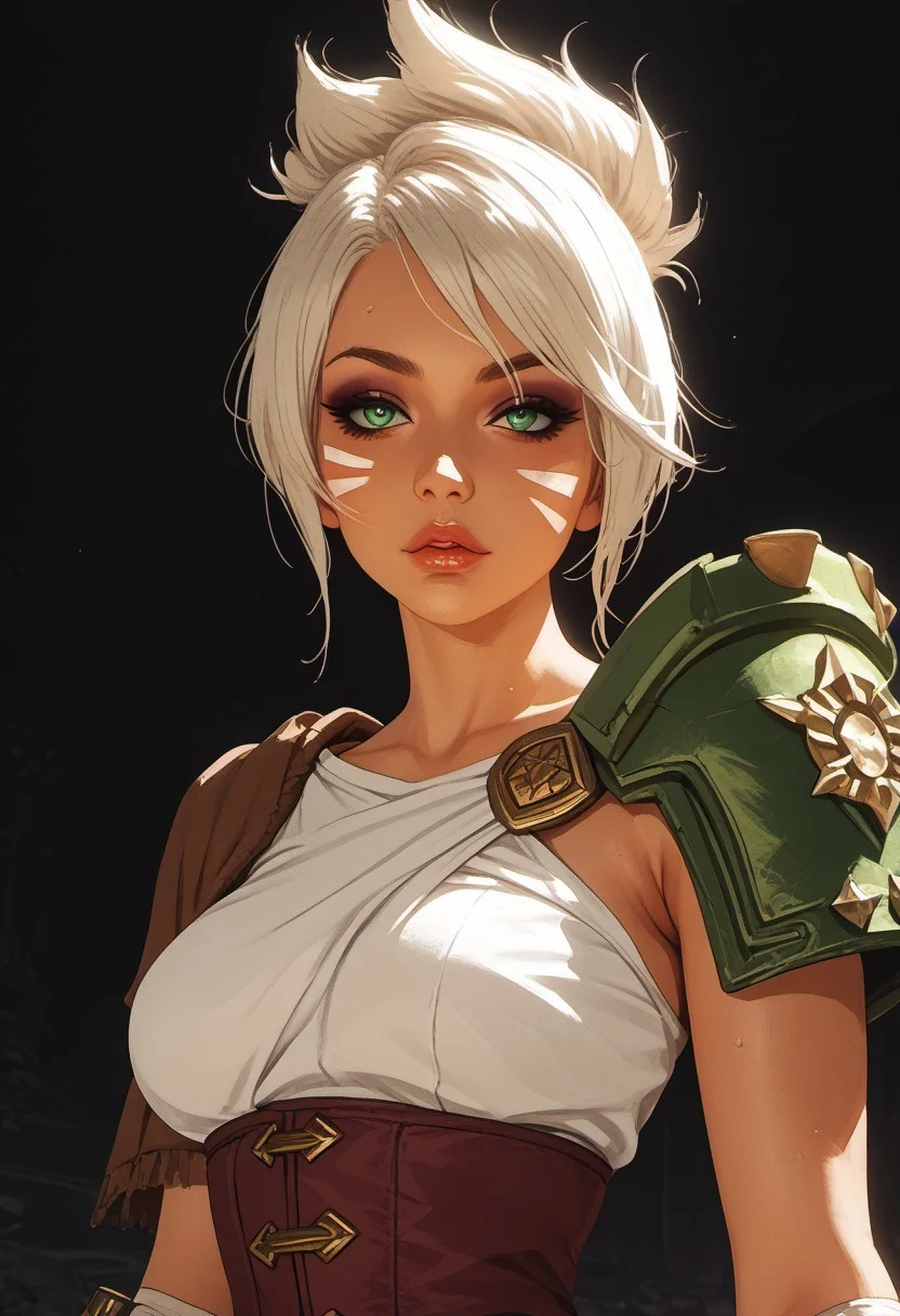 score_9, score_8_up, score_8, perfecteyes, ultra detailed, high resolution, high quality, masterpiece, intricate details, intricate body, intricate landscape, knva, Expressiveh, Asian Instagram Model, upper body shot, low light, dungeon, ruins, green glow, black background, ((zPDXL3)),
BREAK
1girl, (rvn), source_cartoon, mature female, beautiful, 30 years old, beautiful, rvn, short hair, ponytail, facial mark, eyeshadow, top, criss-cross halter, single pauldron, shoulder armor, single glove, bandaged arm, corset, belt, skirt, single greave, boots, standing, looking at viewer, mascara, pale skin, full lips, looking at viewer, ((tanned skin)),