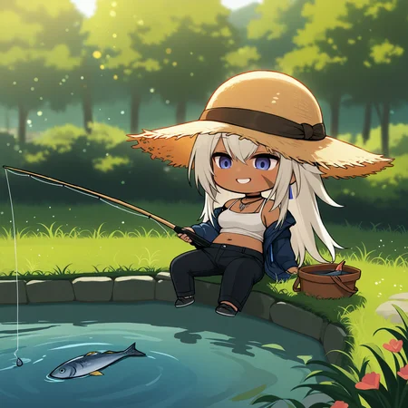safe, masterpiece, best quality, outside, pond, sunlight
BREAK solo, indiana, face scar, chibi, sitting, straw hat, shirt, fishing rod, fishing, fish, grin, happy
<lora:Indiana_NAIXL_v10:0.8>