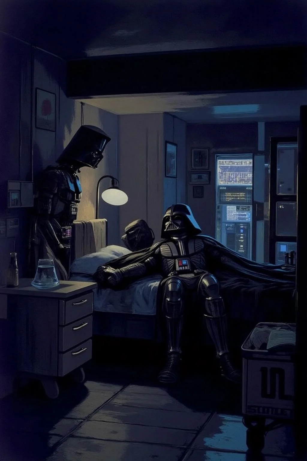 sydme1 painting. A night scene. Darth Vader sleeping in a dimly lit room, with his cybernetic life support system in the background blinking with LED lights. <lora:sydme6_cap_d6a3:1.0><lora:811008925211090738:0>