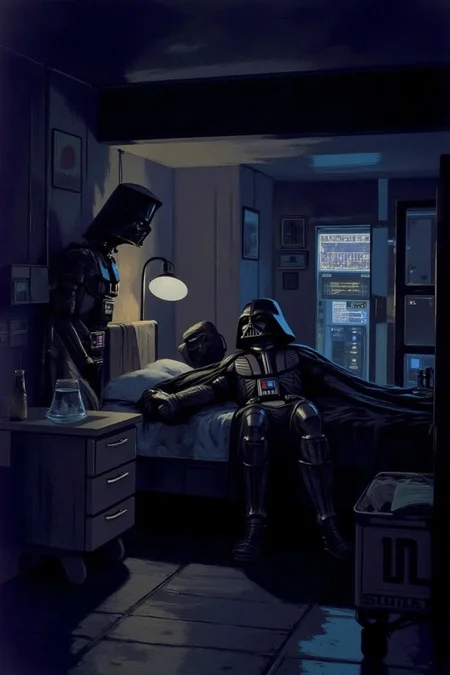 sydme1 painting. A night scene. Darth Vader sleeping in a dimly lit room, with his cybernetic life support system in the background blinking with LED lights. <lora:sydme6_cap_d6a3:1.0><lora:811008925211090738:0>