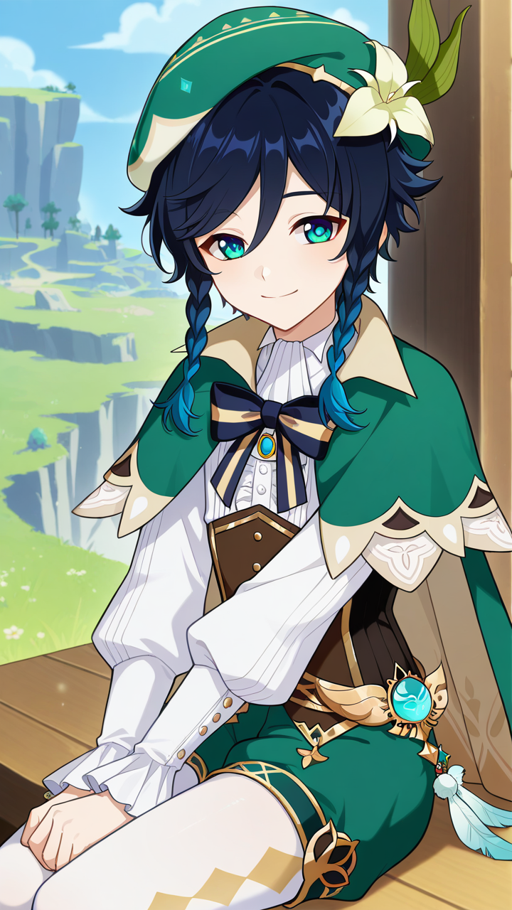 smile, solo,, masterpiece, best quality, amazing quality, very aesthetic, absurdres, newest, anime screencap, <lora:ventiILM:1>, venti (genshin impact), short hair with long locks, aqua hair, green eyes, aqua eyes, blue hair, black hair, braid, gradient hair, twin braids, side braids, hair between eyes, androgynous, beret, vest, collared cape, green hat, green cape, cecilia flower (genshin impact), green shorts, hat flower, white flower, hair flower, hair ornament, black bow, bow, bowtie, frilled sleeves, frills, long sleeves, striped bow, white pantyhose, pantyhose under shorts, white shirt,