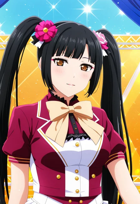 1girl, solo, kurobane_sakura, looking at viewer, black hair, very long hair, brown eyes, twintails, idol clothes, best quality, masterpiece