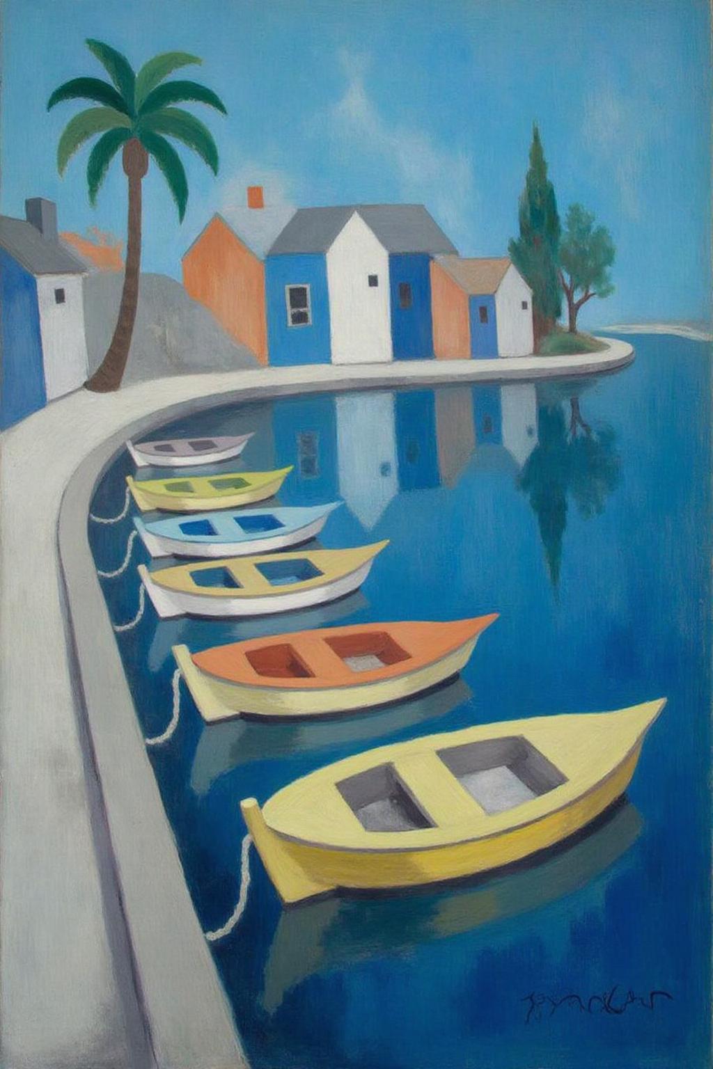malau1 painting
 A vibrant blue body of water with a row of boats floating on it. The boats are painted in a variety of colors, including yellow, orange, and blue, creating a striking contrast against the backdrop of the scene. To the left of the boats, a concrete walkway extends into the water, adding a touch of depth to the composition. In the distance, a palm tree casts a shadow on the water's surface. The buildings in the background appear to be painted in shades of blue, white, and orange.  <lora:malau1_cap_d6a3e12:1.0><lora:825098754404283940:0>