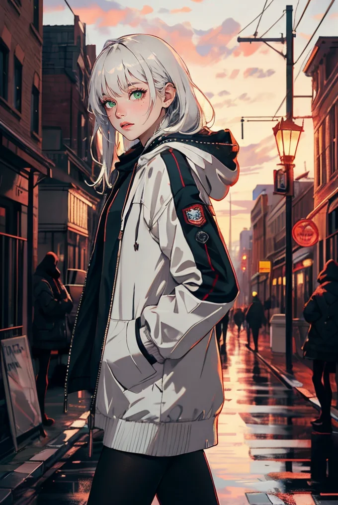 (masterpiece, best quality, high quality, highres, ultra-detailed),
solo, green eyes, hood, long hair, street lights, looking at viewer, outdoors, hood down, building, sign, night, hands in pockets, city, thighhighs, white hair, bangs, scenery, long sleeves, skyscraper, jacket, pantyhose, cityscape, black thighhighs,
<lyco:NijiJourney-LyCoris-V6:0.8>, AS-Adult, Asian-Less, OverallDetail, SkinHairDetail,