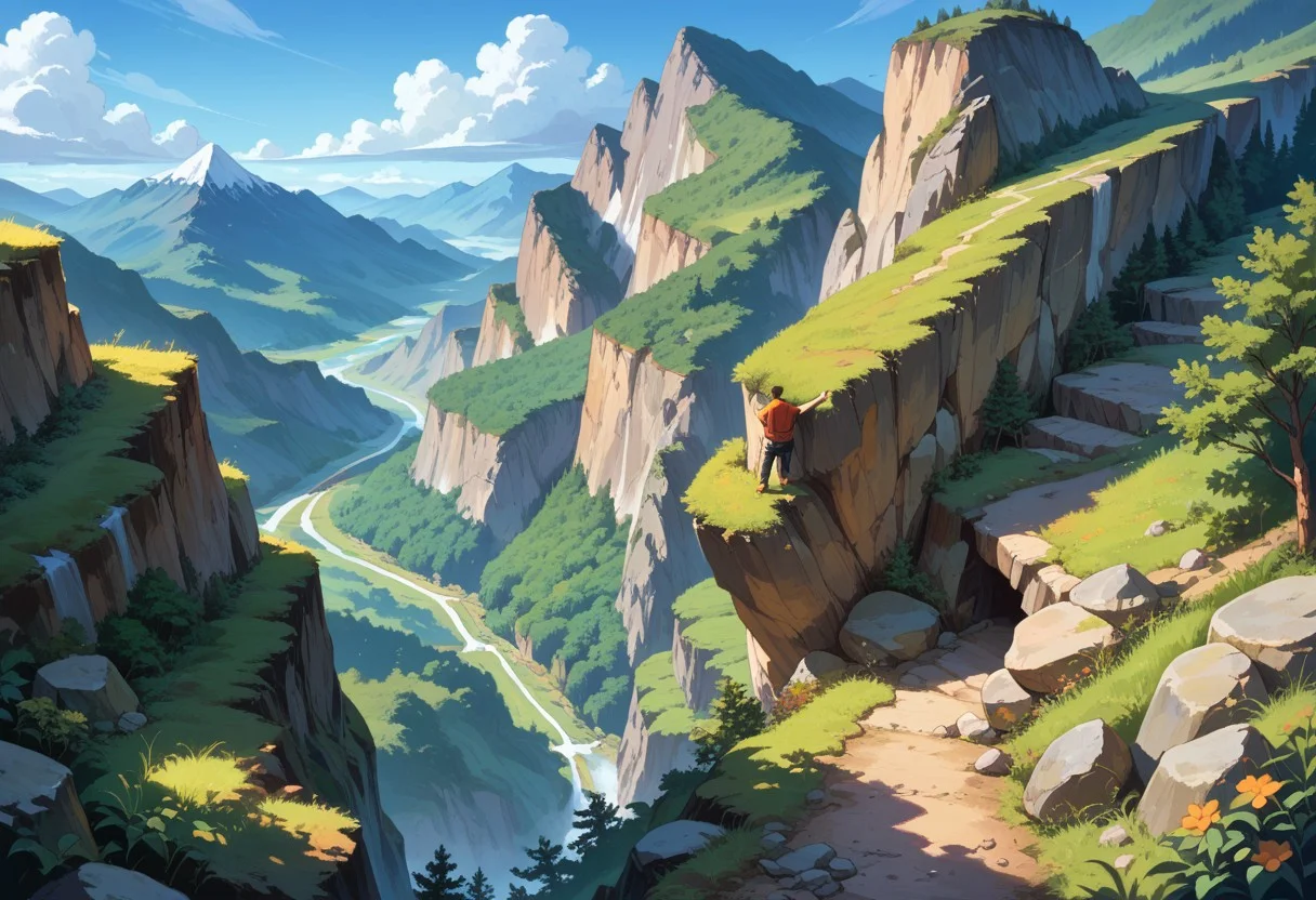 score_8, score_8_up, score_7_up, no humans, outdoors, mountain pass, trail, rocks, cliff from above