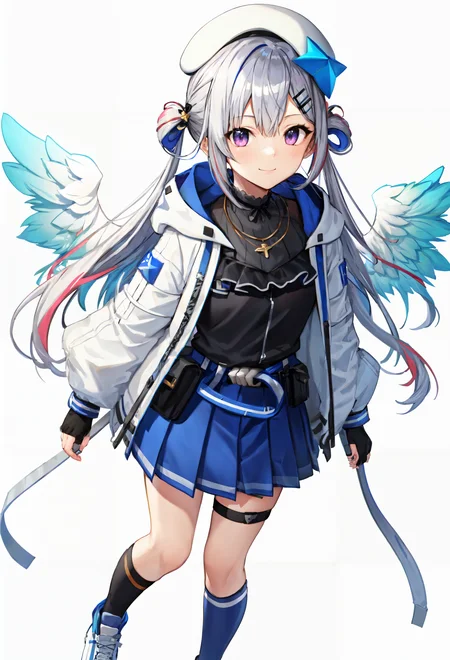 <lora:Beretkanata-V7:1>beretkanatan, 1girl, solo, multicolored hair, partially fingerless black gloves, grey hair, full body, mini wings, angel wings, blue hair, white jacket, white beret, single hair intake, hair ornament, colored inner hair, single blue thighhigh, white sneakers, purple eyes, hairclip, single sock, thigh strap, long hair, hair rings, asymmetrical legwear, single black kneehigh, streaked hair, long sleeves, closed mouth, twintails, open jacket, standing, star necklace, necklace, (white background:1.5), pleated skirt, asymmetrical bangs, uneven legwear, puffy long sleeves, smile, black dress, blue skirt, hooded jacket, blue belt, frills, thigh pouch