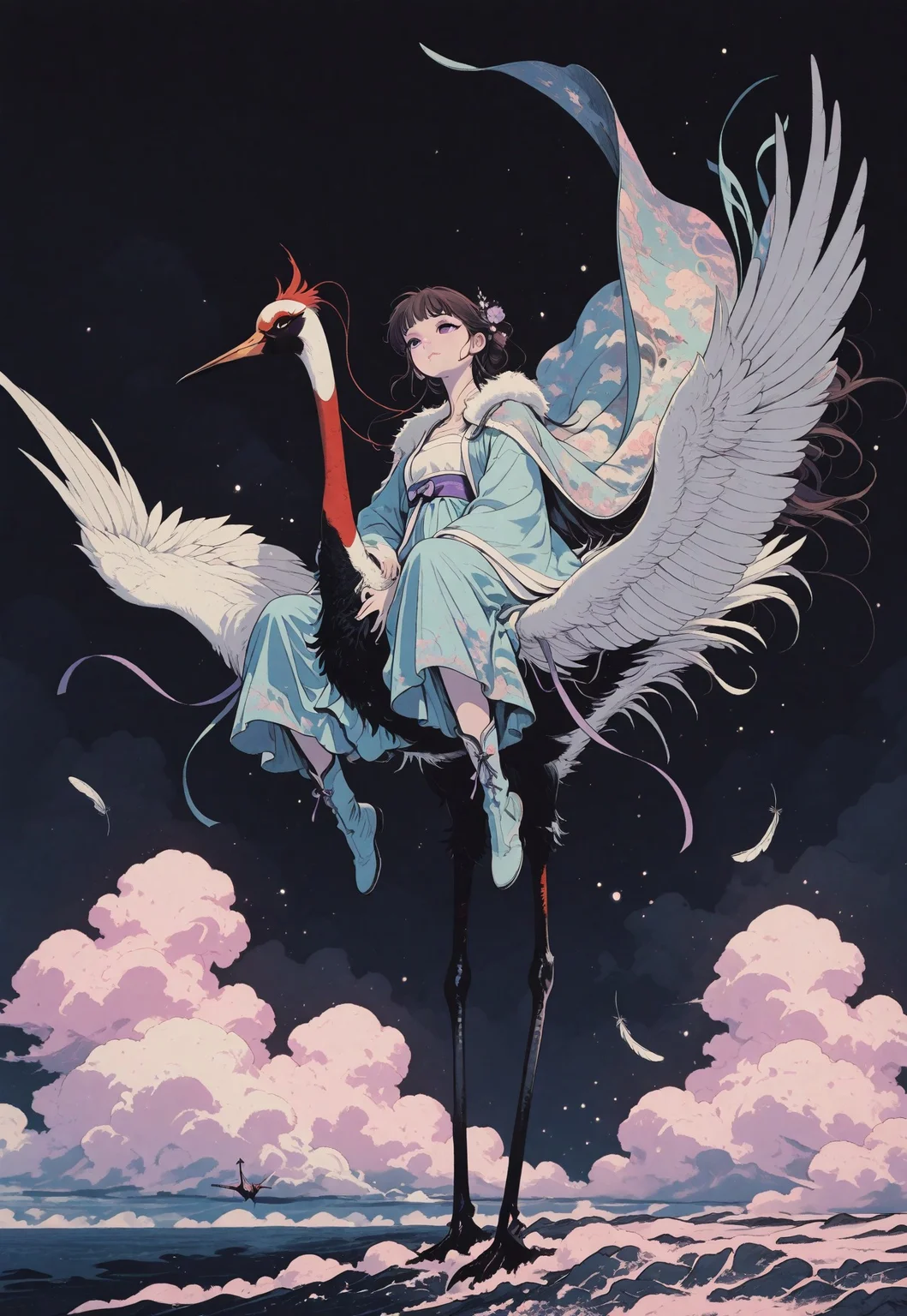 girl in Hanfu riding a white Chinese crane, flying above the sea of clouds.
1 Girl and 1 Large Chinese Crane, sky, clouds, brown hair and purple eyes, Hanfu, jewelry, accessories, fur-trimmed cape, boots, holding the feathers of the crane's neck, sitting astride, riding, sitting with legs apart on the crane's back, white crane, Chinese fairy tale, mythology,
free pose, delicate skin texture, fair skin, delicate face, long eyelashes, pastels, bright tones, wind, light particles, light, bright tones, , , motion lines, extremely detailed, intricate, delicate details, movie lighting, very beautiful, absurd, dynamic graphics, dynamic angles, special movements, dynamic poses, action poses, dynamic movements, Delicate eyes, beautiful, soft colors.,Fantasy, fantastic, romantic, pastel color, cute fashion, flowers, beautiful art,
sinozick style, flat color, dark theme, in the style of cksc