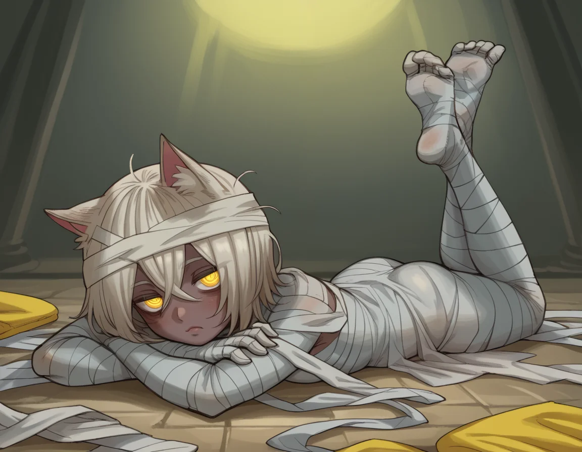 score_9, score_8, score_7_up, 1girl, mummy, solo, cloth, yellow eyes, neco, meow, laying on stomach, ebonyxh,  feet, <lora:ebonyxh:1>
