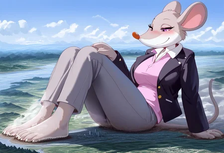 Safe_pos, score_9, score_8_up, score_7_up, detailed face, best quality, 1girl, solo, masterpiece, detailed background, beautiful, detailed eyes, mature female, giantess, macro
side view, lien,
1girl, furry female, solo, Thea-Stilton, gray mouse tail, grey fur, purple eyes, pink shirt, open jacket, white collar black jacket, collared shirt, 4 fingers, gray pants,full body view,
sitting on ground, presenting feet, light smile, narrowed eyes, blush, breast expansion, tight shirt,
long river, skyline, cityscape, destroyed cityscape, earthquake, steam, fog, craters