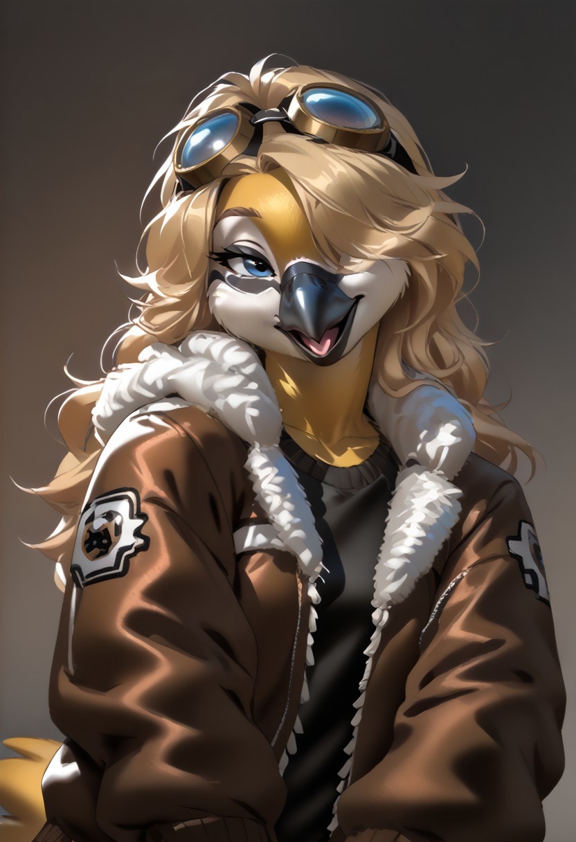 score_9, score_8_up, score_7_up, (by zummeng:1.5), (by jailbird:1.5), (by kittydee:1.5), masterpiece, best quality, (solo),  
(Furry Art: great tit:1.5), expressive eyes, feminine eyes, <lora:beautiful_detailed_eyes:1>, perfect face, feminine face, feminine body, black beak, multicolored body, yellow body, black colored down middle of body, black head, white cheeks, (blonde hair:1.5), (long hair), (one eye covered by hair), small breasts, (bomber jacket:1.5), (t-shirt:1), (googles),