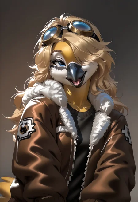 score_9, score_8_up, score_7_up, (by zummeng:1.5), (by jailbird:1.5), (by kittydee:1.5), masterpiece, best quality, (solo),  
(Furry Art: great tit:1.5), expressive eyes, feminine eyes, <lora:beautiful_detailed_eyes:1>, perfect face, feminine face, feminine body, black beak, multicolored body, yellow body, black colored down middle of body, black head, white cheeks, (blonde hair:1.5), (long hair), (one eye covered by hair), small breasts, (bomber jacket:1.5), (t-shirt:1), (googles),