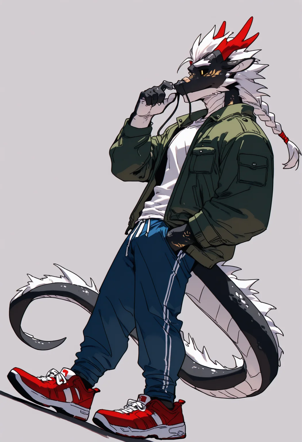 masterpiece,best quality,<lora:p65fn-RASF-000050:1> ,chromatic aberration, line art, dutch angle,
p65fn, 1boy, male focus, tail, full body, hand in pocket, horns, furry male, furry, pants, jacket, dragon boy, simple background, shirt, white shirt, shoes, red footwear, white hair, braided ponytail, solo, from side, grey background, braid, sneakers, red horns, dragon tail, green jacket, hand up, blue pants, long hair, black skin, colored sclera, dragon horns, open jacket, open clothes, white background, colored skin, profile, single braid, walking, pocket, standing, gloves, <lora:Xiuran&Moqing-RASF-000100:1> ,xiuran,1boy,dragon boy,yellow eyes,long hair,white hair,gold horns,furry male,bara,muscular,bandaid on nose, whiskers,grey skin,two tone skin,tail,white belly,gold tattoo