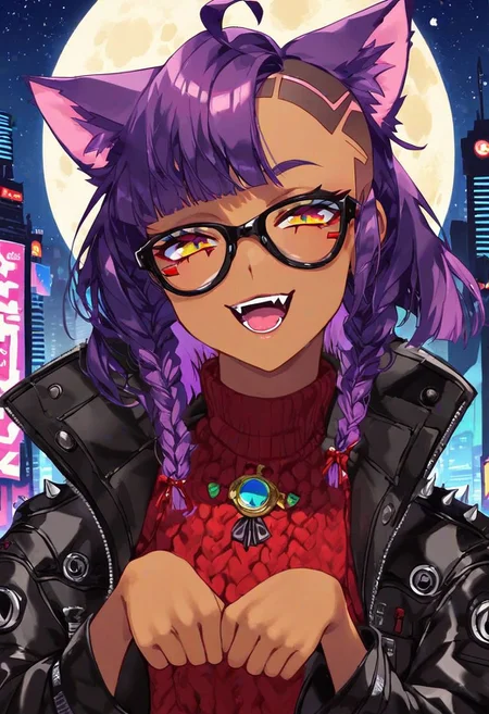 score_9_up, score_8_up, score_7_up, very detailed, very cute catgirl, cute pose, catgirl ears, tanned skin, dark skin, titanium framed glasses, bright neon purple hair, bobcut, ribbon-braided hair, bangs, medium hair, ahoge hair, sly smile, open mouth, starry jewelrey, baggy sweater, oversized sweater, Red Turtleneck sweater, black leather coat, studded coat, spiked coat, night time, cyberpunk city in background, moon, solo focus on face, from torso up, detailed face, best detail, (best quality:1.5), masterpiece, (high resolution:1.5)
ng_deepnegative_v1_75t, OverallDetail, , Expressiveh