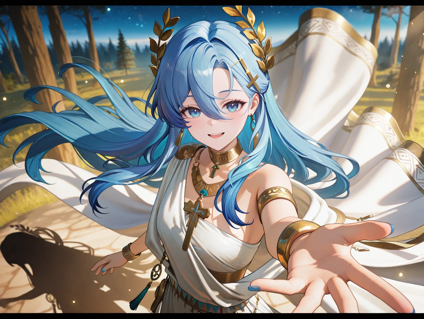 best quality,amazing quality,cinematic,very aesthetic,absurdres,newest,huge filesize,highres,sensitive,
<lora:SQ2-000048:1>,3D,SQ2,
1girl,37 \(reverse:1999\),reverse:1999,ancient greek clothes,bare shoulders,blue eyes,floating hair,gold choker,greco-roman clothes,hair between eyes,hand up,letterboxed,long hair,looking at viewer,off shoulder,outstretched hand,parted lips,solo,toga,upper body,very long hair,white background,eyelashes,curtains,depth of field,blurry,floating clothes,gold necklace,gold bracelet,hair ornament,upper teeth only,ancient greek cross,blue sky,floating cape,light particles,sidelocks,laurel crown,sky,jewelry,teeth,blurry background,bracelet,smile,armlet,blue hair,tassel,blue nails,necklace,blurry foreground,cross hair ornament,outstretched arm
tree,starry_sky,forest,tree,light leaks,(best shadow:1.2),cinematic lighting,ray tracing,+++,macro_shot,from_above,