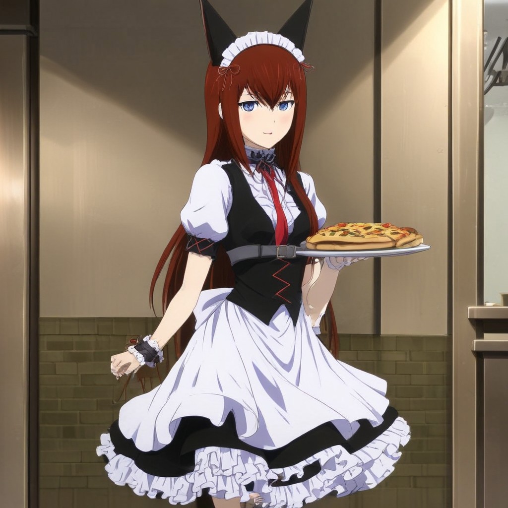 Anime style , A hot and cute pic of Makise Kurisu in maid outfit serving pizza , maid outfit , ribbon , animal ears , red hair , naughty pose , smiling , indoors , full-body view , sexy legs