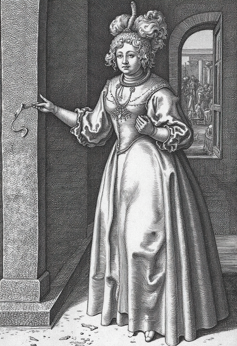 engraving in the style of yfg-durer, Venice Carnival lone figure in the foreground