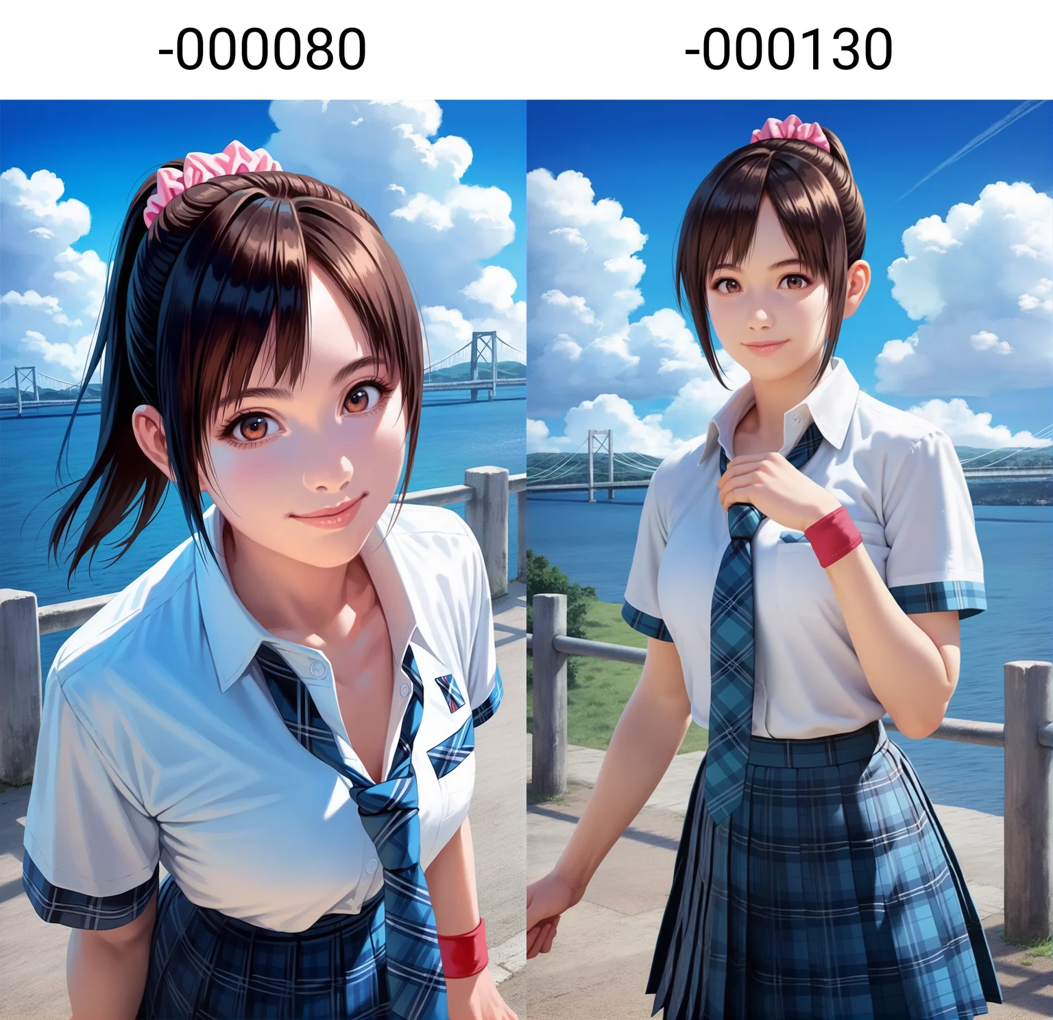 score_9,score_8_up,score_7_up,<lora:miiyamotoHikari-000080:0.8>,
miiyamotohikari,
1girl,solo,black hair,ponytail,bangs,pink scrunchie,brown eyes,school uniform,white shirt,blue plaid skirt,blue plaid necktie,red wristband,medium breasts,
looking at viewer,smile,
portrait,
outdoors,blue sky,sea,cloud,street,railings,distant large bridge,distant mountains,clear blue sky,soft clouds drifting,summer,beautiful landscape,