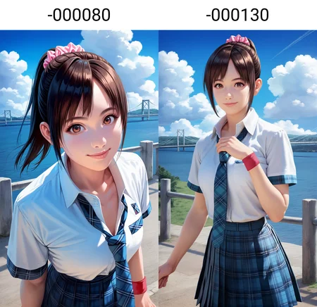 score_9,score_8_up,score_7_up,<lora:miiyamotoHikari-000080:0.8>,
miiyamotohikari,
1girl,solo,black hair,ponytail,bangs,pink scrunchie,brown eyes,school uniform,white shirt,blue plaid skirt,blue plaid necktie,red wristband,medium breasts,
looking at viewer,smile,
portrait,
outdoors,blue sky,sea,cloud,street,railings,distant large bridge,distant mountains,clear blue sky,soft clouds drifting,summer,beautiful landscape,
