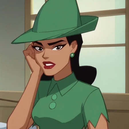 score_9, score_8_up, score_7_up, 1girl, solo, lipstick, black hair, black eyes, dark skin, green dress, green hat, Renee Montoya (dc), looking at viewer, cartoon_screencap, indoors