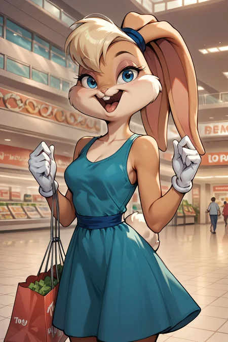 zPDXL3, <lora:LolaBunny:.5>
lolabunny, furry female, rabbit ears, animal nose, white gloves, blue eyes, body fur, teal dress, sleeveless, looking at viewer, smiling, happy, mouth open, standing, inside shopping mall, holding shopping bag,