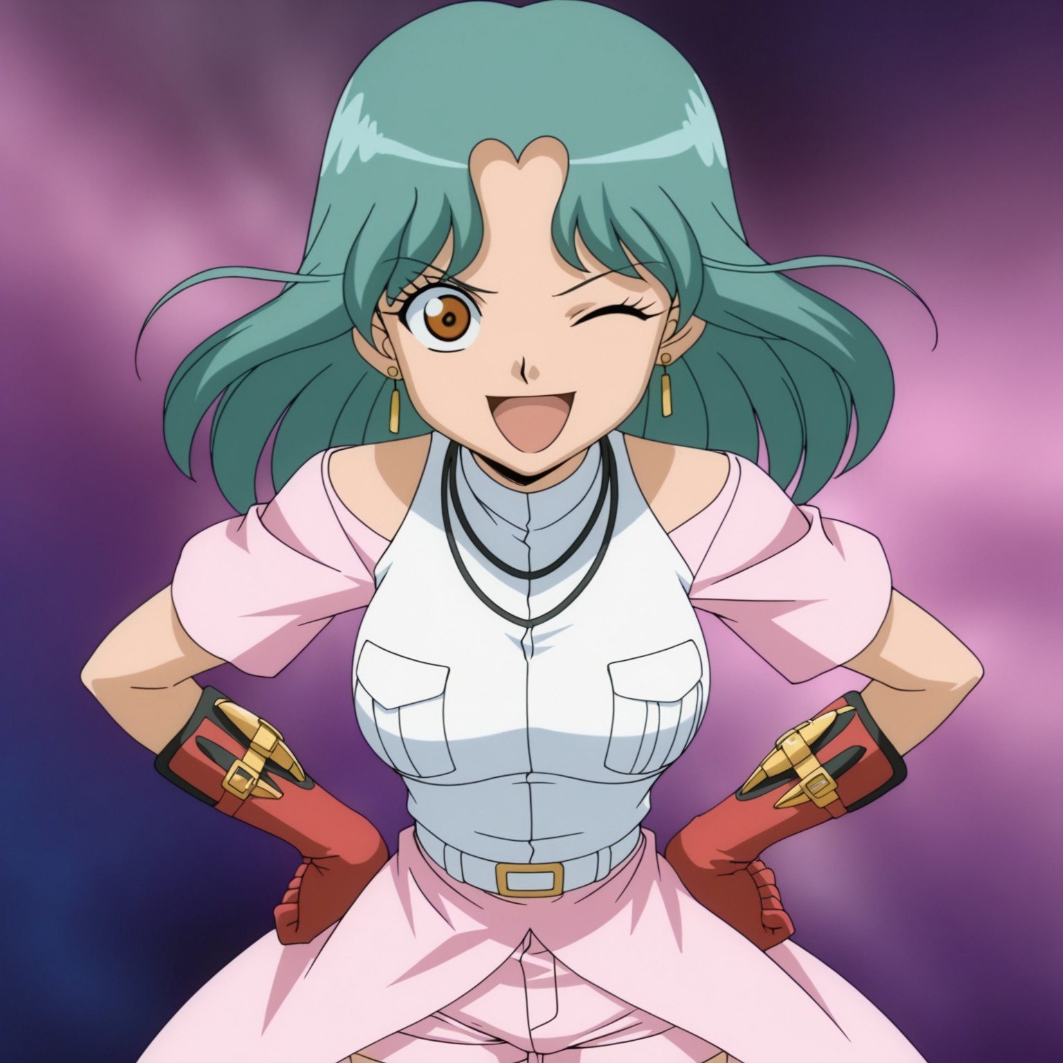 masterpiece, best quality, amazing quality, amazing quality,very aesthetic,absurdres,best quality,newest,masterpiece, breasts, anime screencap, anime artstyle, winking, happy, breasts, anime screencap, anime coloring,safe_pos, safe_pos, score_9, score_8_up, score_7_up, shirt, long skirt, gloves, hands on hips, Bakugan, earrings, Jewel, green hair, brown eyes, wavy hair, gloves, white shirt, pink shorts