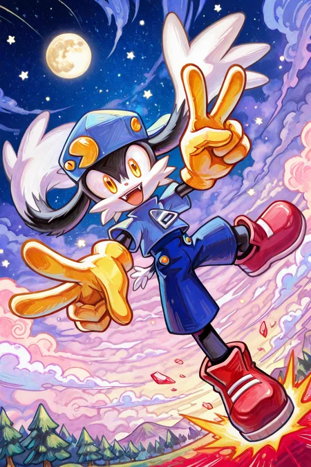highres, incredible quality, 2d, watercolor, detailed face:1, detailed eyes:1, detailed hands, detailed eyes, good anatomy, 1boy, anthro, furry, furry male,source_anime,pastel colors,ynistyle,klonoa, black fur, yellow eyes,yellow gloves,blue hat,blue shirt,blue shorts,red shoes, action pose, looking at viewer, fangs, smile, happy, dynamic pose, dynamic angle, clouds, stars, trees, night, moon, v-sign