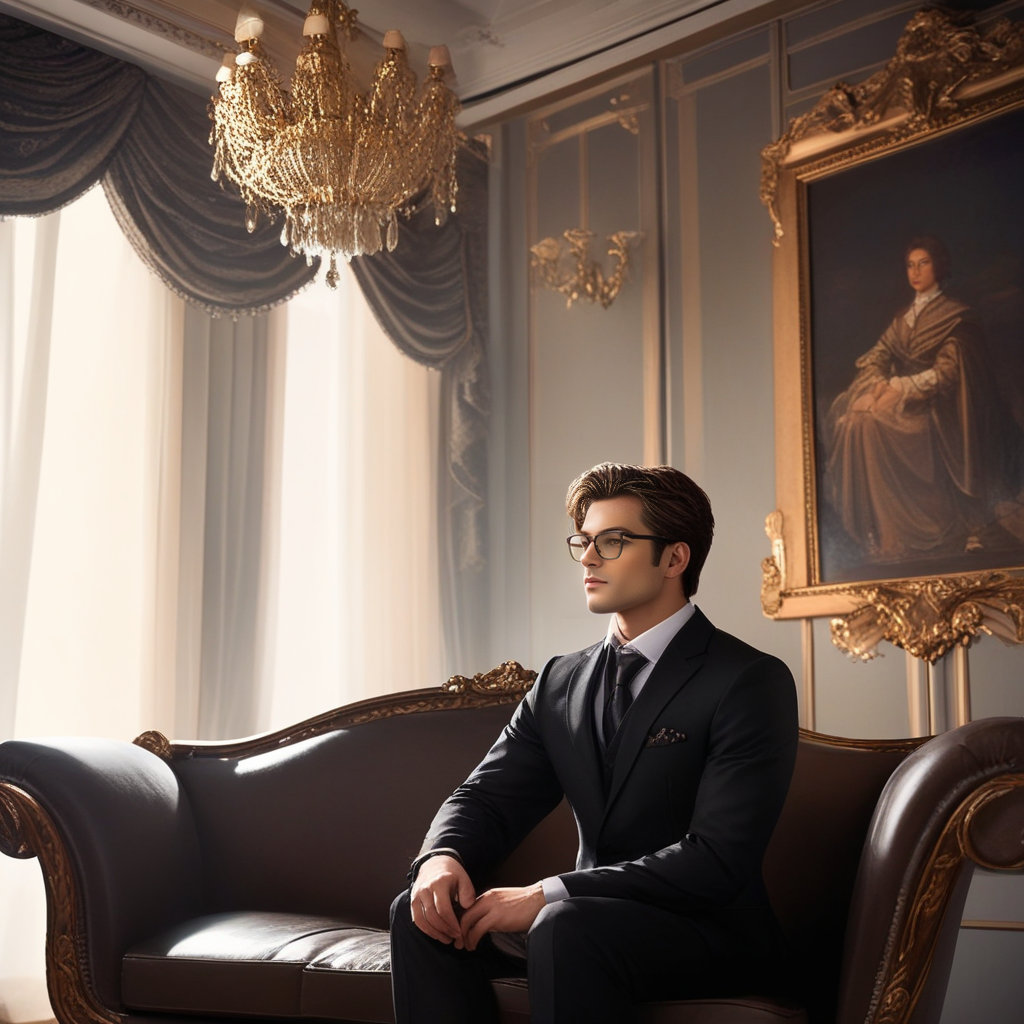 Dreamscape  male, brown hair, brown eyes, glasses, clothes in black suit, sitting on the sofa, room  interior  <lora:Rouz XL:0.7> rouz . Surreal, ethereal, dreamy, mysterious, fantasy, highly detailed