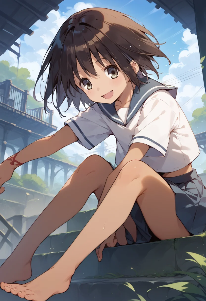 score_9, score_8_up, score_7_up, best quality, masterpiece, source_anime, zPDXL2, BREAK , 1girl, solo,  sekiuchi maria tarou, serafuku, barefoot ,dark skin,  Sitting with one hand running through the hair ,   <lora:sekiuchi_maria_tarou:1>