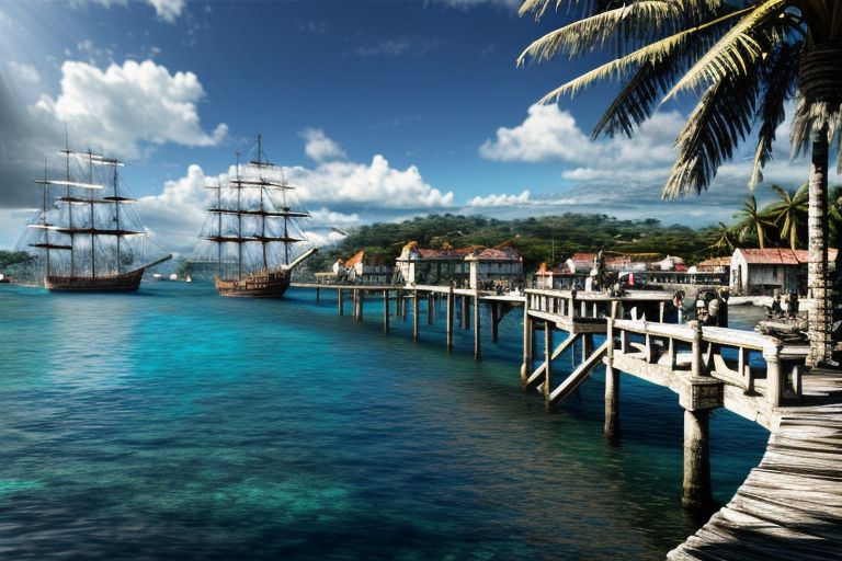 (masterpiece:1.2), (best quality,:1.2), 8k, HDR, ultra detailed, ((photorealistic)), perfect anatomy, pire, ship, pier, over looking a harbor in the caribbean, noon