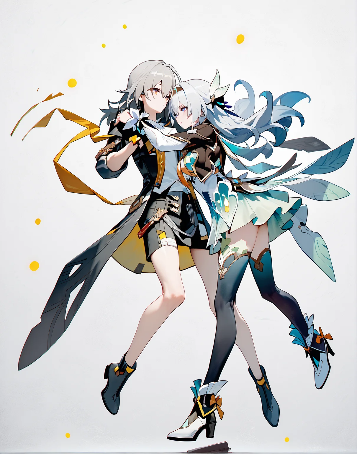 score_9, score_8_up, score_7_up, score_6_up, 8k, best quality, masterpiece, (ultra-detailed:1.2), (high detailed skin), full body,
<lora:LKtrain-pony-Tanger-000005:0.8>, Firefly /(honkai: star rail/), Firefly's def clothes, stelle/(honkai: star rail/), stelle's def clothes, two anime characters hugging together, thighhighs,
simple background, white background,
<lora:Сosmic Void Style LoRA_Pony XL v6 ALT:0.4>,