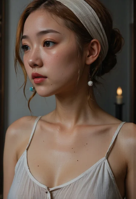 Cute asian Cumslut posing for daddy, ddlg, sideboob, Drooling, sweating, sweat, extreme Heat, wet skin, sweaty skin, Focus the sideboob, Busty, Realistic analog photo, awesome, high Quality, photorealistic, atmospheric lighting, volumetric lighting, cinematic, Epic Film Quality, dystopian Grey distressed cyberpunk, outworn, , blushed smiling, large bleaked marine-blue translucent sphere pearl earrings, realistic detailed skin, highly volumetric lighting, Cleavage, Feudal neo Tokyo in the Fantasy style of Jan Vermeer, ethereal charming wired princess Cyborg Samurai extreme intricate technical parts Face Closeup, wires and cables AS well as translucent Vintage mechanical robotic hoses, vibrant bleaked Red/grey and deep black color graded, Long blonde billowing hair, throwing kiss, Hairband,