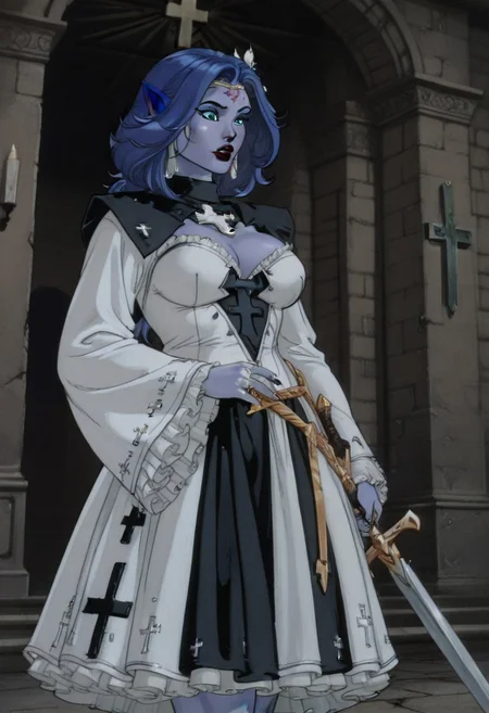 masterpiece, best quality, highly detailed, high resolution, absurdres, amazing quality, intricate detail, aradg, colored skin, blue eyes, blue hair, lipstick, makeup, pointy ears, facial mark, dress, cross, frills, long sleeves, wide sleeves, retro, weapon, sword,