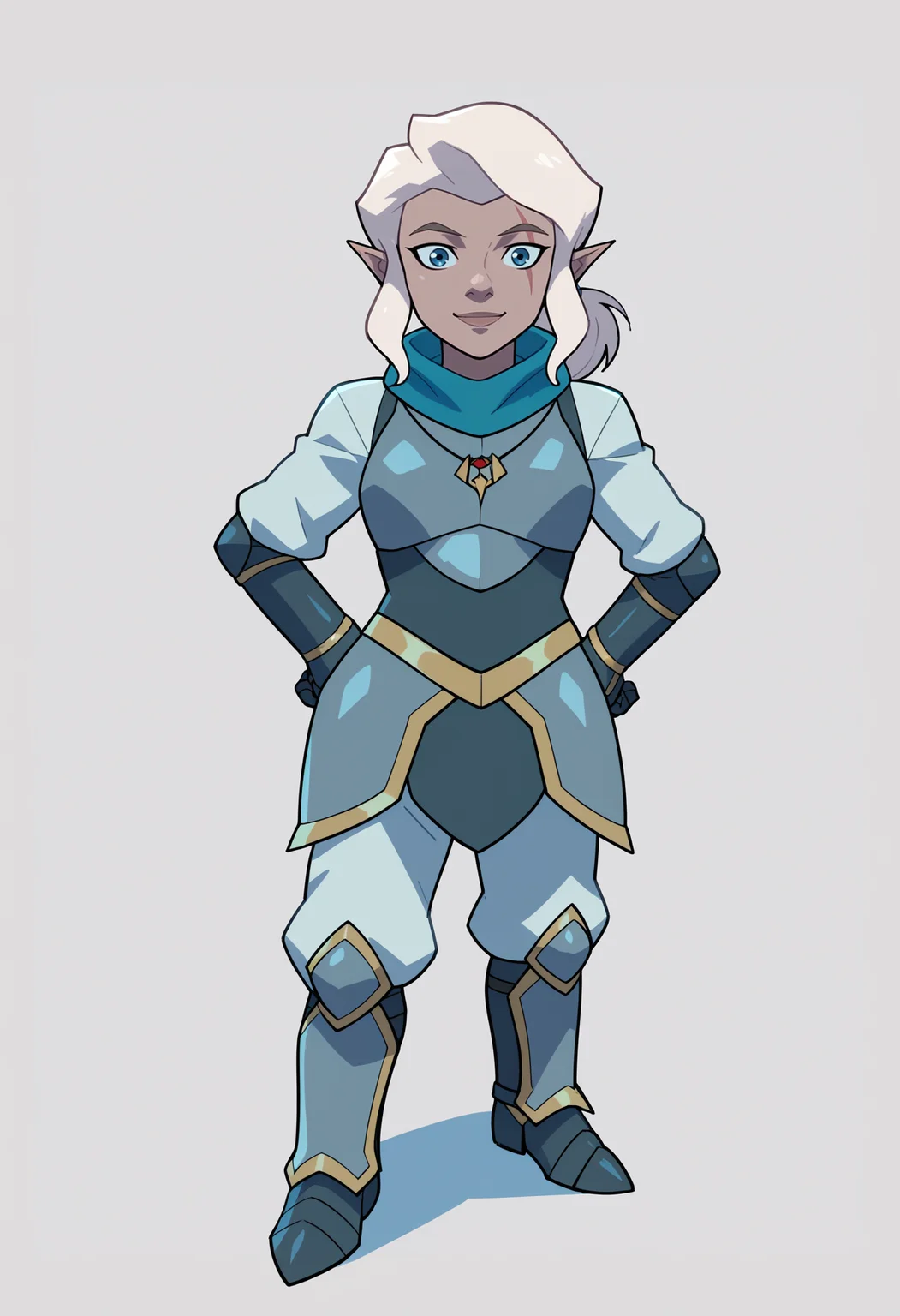 score_9, score_8_up, score_7_up, BREAK,
1girl, pike, white hair, ponytail, blue eyes, scar across eye,
pointy ears, gnome,
blue scarf, necklace,
armor, breastplate, pauldrons, white pants, armored boots,
hands on hips, full body, standing, smile, solo, looking at viewer, simple background, white background <lora:PikeTrickfootPDXL_byKonan:1>