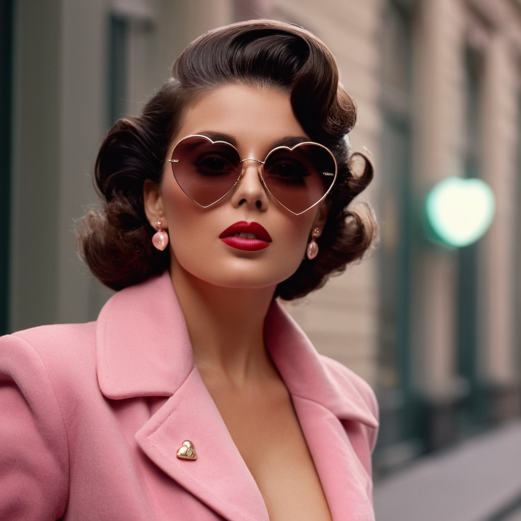 UHD, 4k, ultra detailed, cinematic, a photograph of  <lora:Retro Fashion style:1>
a woman with a pink jacket and sunglasses retro style,1girl,solo,breasts,large breasts,brown hair,jewelry,heart,open clothes,nail polish,mole,lips,no bra,sunglasses,ring,mole under mouth,realistic,heart-shaped eyewear , model, modeling, retro, fashion, vintage, classic, 1950's, 1940's 1960's, different, colorful, different hair style, vivid, film noise, film grain, filmic, perfect, perfection, detailed, contrast, deep color, saturation, fashionista, retro fashion style, epic, beautiful lighting, inpsiring