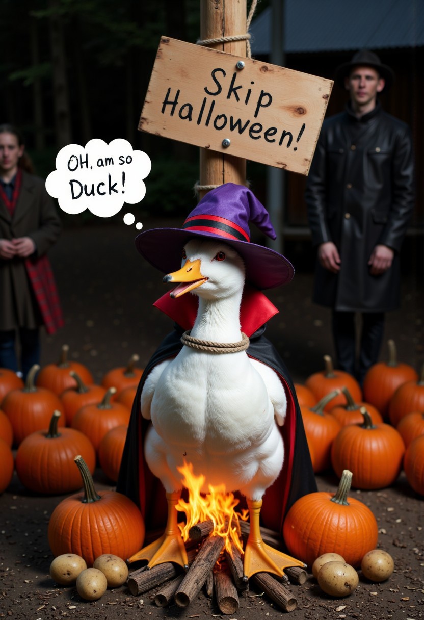 full body of an adorable and incredibly cute white duck, with the golden beak and claws, wearing a black Dracula robe on the outside and red on the inside, Its Dracula fangs are clearly visible and Its pupils are bright red. Wearing a dark purple witch hat with black and red stripes. Its claws are very sharp. The duck's hands bound behind back. tied with a rope to a burning at the stake with fire starting to burn below and surrounding its lower paws, near the pile of wood that is starting to burn, fire, burning, many pumpkins and potatoes are scattered around it. (On the top of the pole is nailed a wooden sign that says "Skip Halloween!":1.5). (Ensure a thought bubble above duck's head that says "Oh, I am so Duck !":1.5), (ensure the text perfectly correct and accurately written:1.5), aidmatextimprover, handwritinglora,
BREAK, 
a crowd of farmers surround and circle a duck tied up to a wooden stake to be roasted at night, outdoors, dark dynamic fantasy background, dark magical fantasy background, (very distant view, shot from very distant:1.2), 
BREAK, 
masterpiece, best quality, ultra-detailed, ultra realistic, 8k, RAW photo, perfect composition, perfect colors, colorful, clear photo, surreal, incredible lifelike, highest resolution, uncanny realism, immaculate micro-details, professional photography, shot on Canon EOS 5D VI, Fujicolor Pro, radiant god rays, dreamy haze, Photographers collaboration by Oleg Oprisco and Tim Walker, view from very distant,