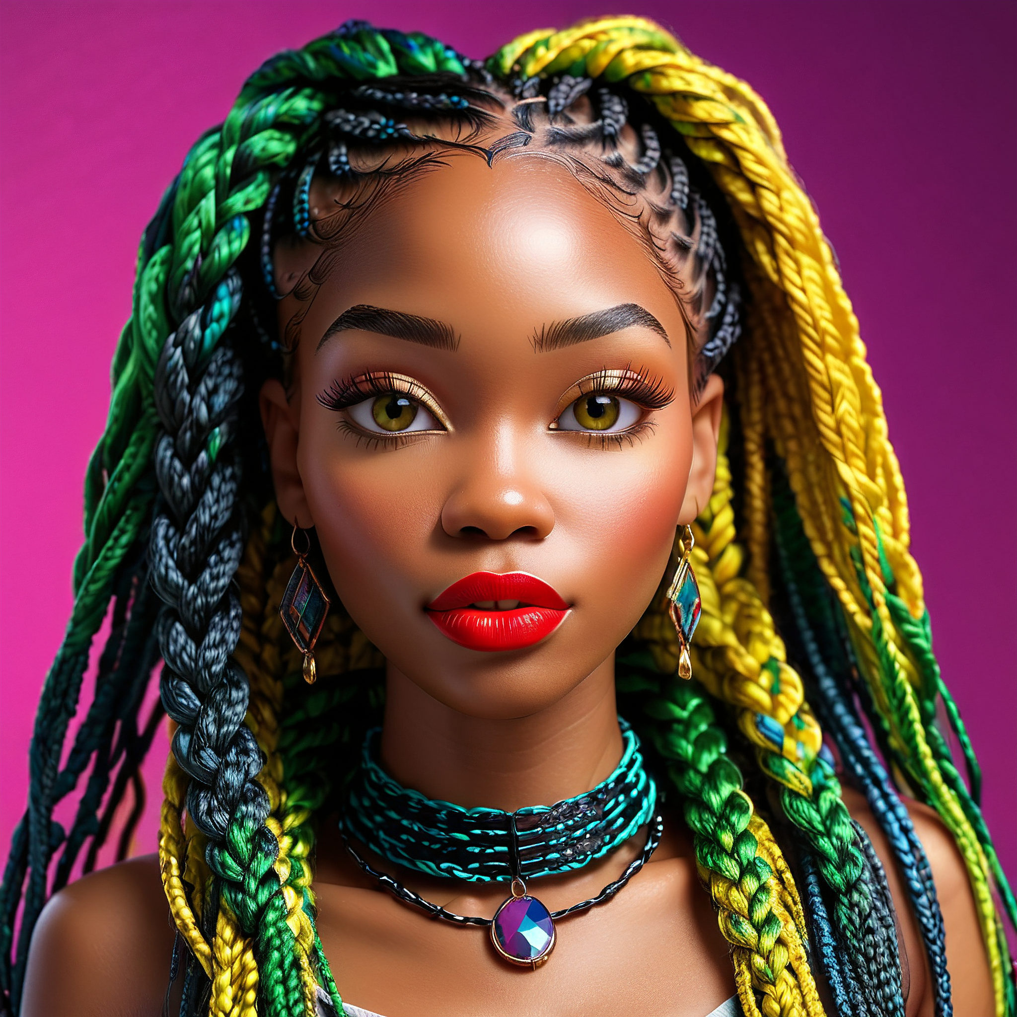 score_9, score_8_up, score_7_up, score_6_up, score_5_up, score_4_up, 1girl, solo, 40 years old, beautiful woman, mature woman, beautiful face and eyes, sexy lips, (multicolor box braids, yellow blue red and green braids, micro box braids, knotless braids), neon background, lipstick and eyeshadow, realistic, latex gloves, latex boots, cute, black woman, dark skin, low angle, close up, high detail<lora:Pony_XL_Colorful_Box_Braids-000006> <lora:lukethighwalkerneonponyv6>