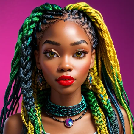 score_9, score_8_up, score_7_up, score_6_up, score_5_up, score_4_up, 1girl, solo, 40 years old, beautiful woman, mature woman, beautiful face and eyes, sexy lips, (multicolor box braids, yellow blue red and green braids, micro box braids, knotless braids), neon background, lipstick and eyeshadow, realistic, latex gloves, latex boots, cute, black woman, dark skin, low angle, close up, high detail<lora:Pony_XL_Colorful_Box_Braids-000006> <lora:lukethighwalkerneonponyv6>