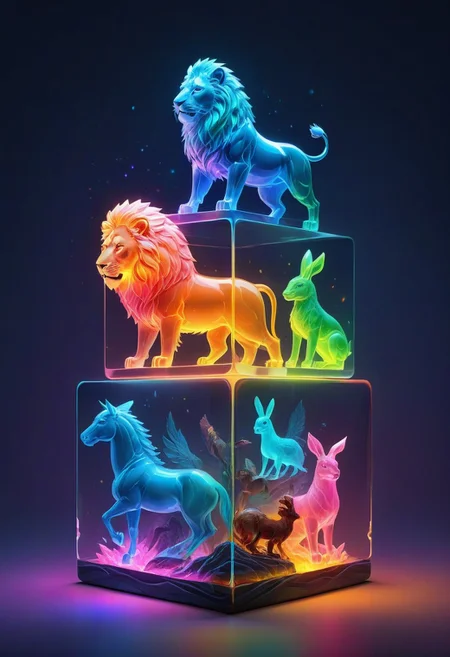 colorful translucent mable cube stack,carved with animals, lion,horse, rabbit,bird,squalo, glowing,Fantasy illustration style, transports viewers to imaginative worlds, epic landscape, and heroic adventures, sparks wonder and inspiration, neon_style