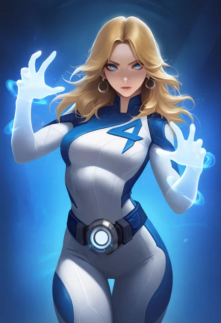 masterpiece, best quality, absurdres, 1girl,abstract background,sstrm, blonde hair, blue eyes, parted bangs, blue bodysuit, white bodysuit, hoop earrings, belt,hands up,glowing hands, magic, serious <lora:sstrm_n11:0.8>