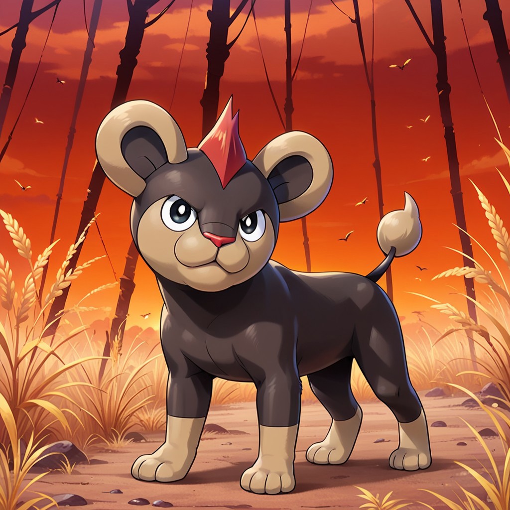 score_9, score_8_up, score_7_up, score_6_up, source_anime, Litleo, feral, lion, pokemon, pokemon (creature), black and tan fur, short tail, red hair turf, red nose, black eyes, white pupils, full body, looking at viewer, standing, savannahs setting,