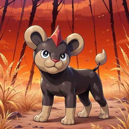 score_9, score_8_up, score_7_up, score_6_up, source_anime, Litleo, feral, lion, pokemon, pokemon (creature), black and tan fur, short tail, red hair turf, red nose, black eyes, white pupils, full body, looking at viewer, standing, savannahs setting,