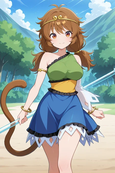 absurdres, highres, masterpiece, best quality, amazing quality, official anime artwork, screencap, anime screencap, outdoors, looking at viewer, light smile, dynamic pose, standing,
 <lora:Son-Biten_Illustrious:1> son biten, 1girl, solo, brown eyes, brown hair, long hair, low twintails, antenna, monkey tail, large breasts,, gold circlet, jewelry, green dress, sleeveless dress, single-shoulder dress, single detached sleeve, bracelet, yellow dress, blue skirt, holding rod, transparent rod, test tube,