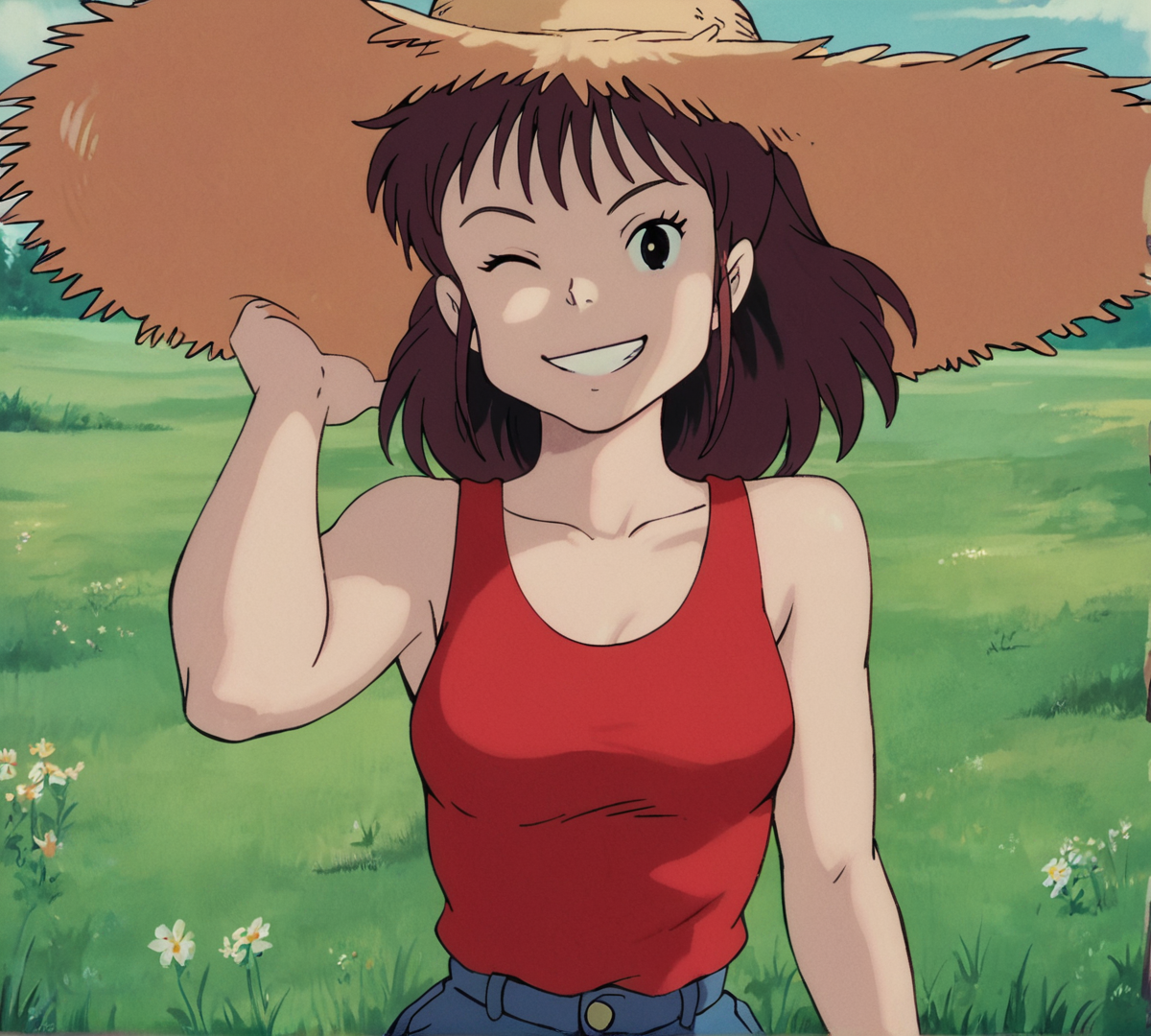 Ursula, black eyes, zPDXL, best quality, amazing quality, score 9, 1girl, red shirt, tank top, outdoors, field, straw hat, standing, looking at viewer, grin, wink, retro artstyle, <lora:Ursula:0.8>