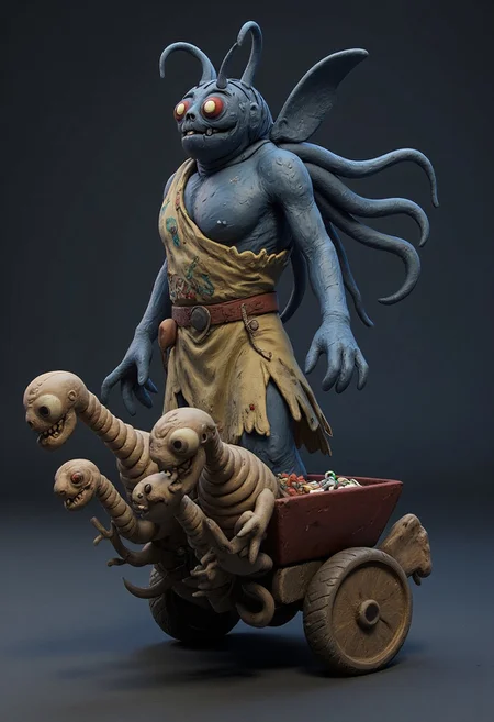 zbrush, ff-comic, MikeFranchinastyle, d4artstyle, d4concept, , bbstyle,, horror theme,, ZBClay model of a gray sculpture
Set against a solid dark color background to emphasize its eerie unsettling unnatural form that emphasizes its silhouette. The medium is not a traditional painting or illustrative medium like watercolor or ink but rather a digital 3D rendering.
 occult, A towering, insectoid merchant draped in a tattered robe woven from glowing threads tends a massive cart pulled by skeletal creatures. The Scrapkeeper trades in enchanted paper scraps, glowing runes, and rusted relics, offering strange bargains that always come with unforeseen consequences for the buyer