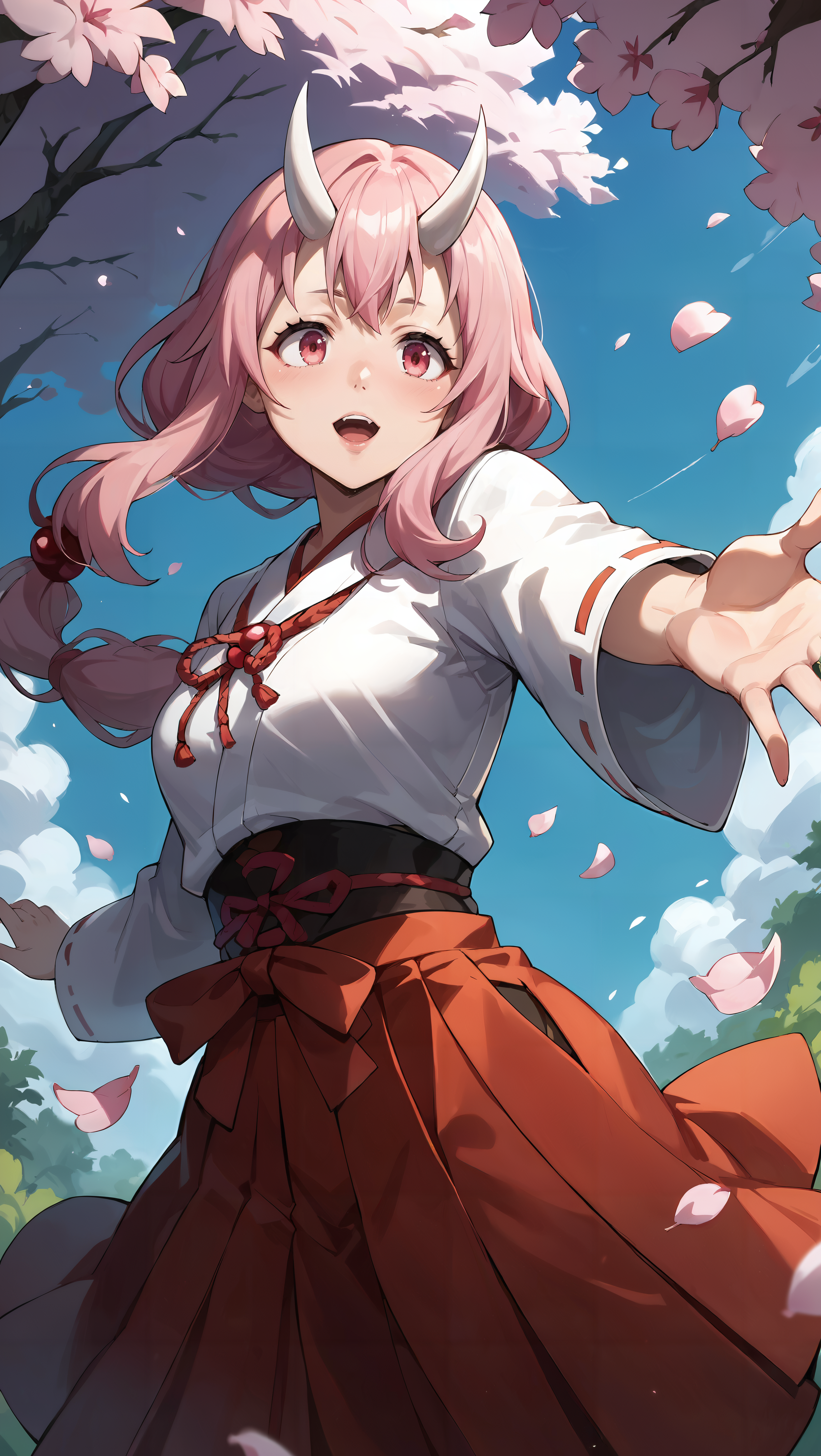 score_9,score_8_up,score_7_up,score_6_up, source_anime, zPDXL, <lora:Shuna - Pony-000004:0.7>,  girl, low-tied long hair, pink hair, white oni horns, pink eyes, miko, red hakama, <lora:Wakfu_CartoonV02:0.5>, <lora:xl_more_art-full_v1:0.5>,  meadow, forest clearing, meadow flowers, reaching, cherry blossoms, pedals in the wind, close-up,