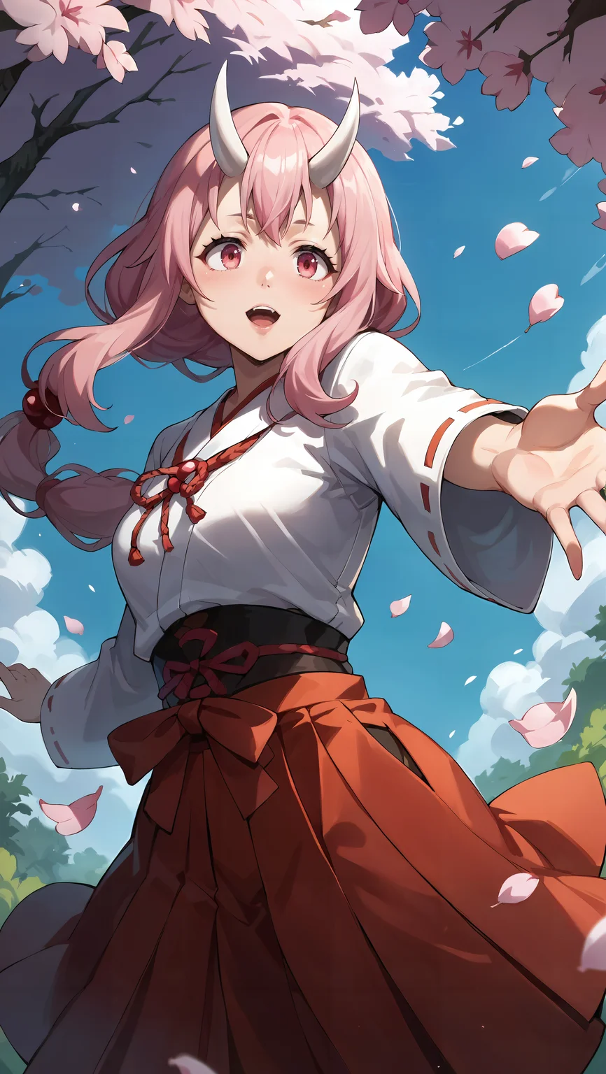 score_9,score_8_up,score_7_up,score_6_up, source_anime, zPDXL, <lora:Shuna - Pony-000004:0.7>, girl, low-tied long hair, pink hair, white oni horns, pink eyes, miko, red hakama, <lora:Wakfu_CartoonV02:0.5>, <lora:xl_more_art-full_v1:0.5>, meadow, forest clearing, meadow flowers, reaching, cherry blossoms, pedals in the wind, close-up,