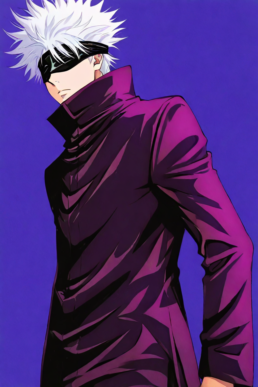 <lora:GojoSatoruPony:0.8> SatoruGojo, (gojou satoru:0.5), white hair, purple pants, high collar, blindfold, covered eyes, black blindfold, purple jacket, purple pants, 1boy, solo, alone, <lora:oh_great_style_illustriousXL:1>, oh_great_style, masterpiece, highres