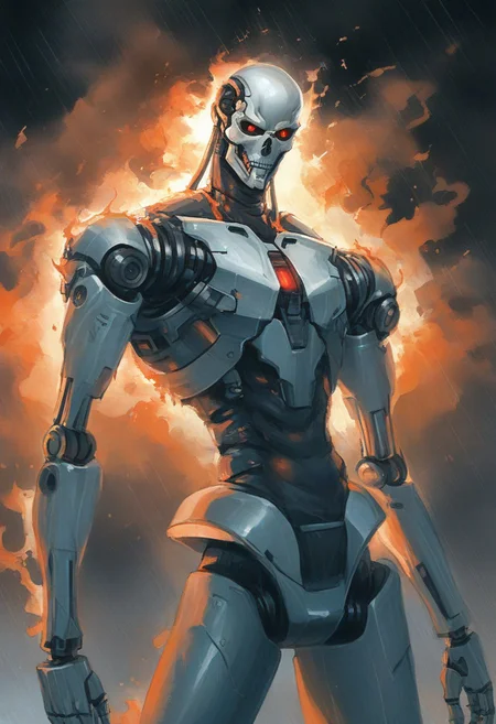 watercolor painting, solo, red eyes, science fiction, robot, 1boy, black background, glowing, looking at viewer, humanoid robot, cyborg, metal skull, burning flesh, burning clothes, glowing eyes, male focus, cyberpunk, hydraulics, dark blue storm, burning background, bright lightning, backlit, orange rimlight, rain, wet, straight-on, Terminator style