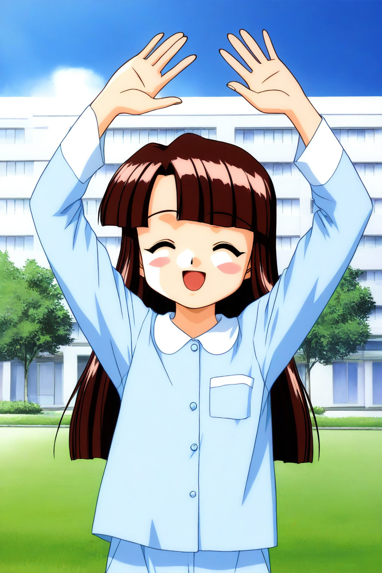 general,highres, ultra-detailed,very aesthetic,best quality ,best hands, BREAK <lora:Sakurai_Miyuri_Suchie-Pai_Ver2.0_IS:1>
Sakurai_Miyuri, 1girl, solo, brown hair, long hair, closed eyes, blunt bangs,
open mouth,
smile,arms up,
light blue pajamas, 
blue sky, day, grass. outdoor, hospital building,