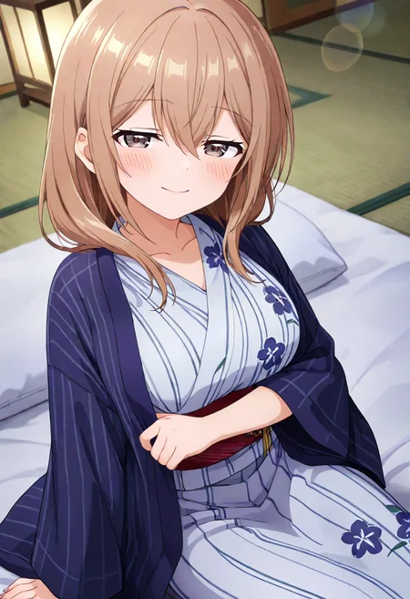 masterpiece, best quality, absurdres, very aesthetic, general,
katase shiori, 1girl, japanese clothes, solo, smile, looking at viewer, yukata, sitting, bath yukata, eyebrows visible through hair, long hair, indoors, large breasts, hair between eyes, brown hair, floral print, closed mouth, brown eyes, obi, tatami, long sleeves, hanten \(clothes\), wide sleeves, dutch angle, blush, print kimono, collarbone, lens flare, futon, light brown hair, arm support, white kimono, blue kimono, purple eyes, grey eyes, lantern, fingernails, medium hair, head tilt, shiny hair, pillow, striped kimono, sidelocks, vertical stripes, ryokan, depth of field, purple kimono, half-closed eyes, hand on own arm, vertical-striped kimono, sliding doors, 
<lora:katase_shiori_illustXL_locon_v1:0.7>